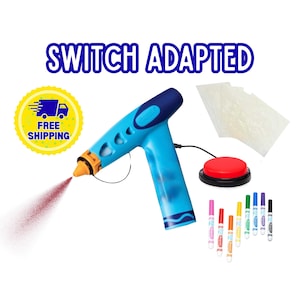 May include: A blue and light blue switch-adapted airbrush tool with an orange nozzle, a red circular activation button connected by a black cord, several colorful markers, and a set of translucent stencils, with the text SWITCH ADAPTED.