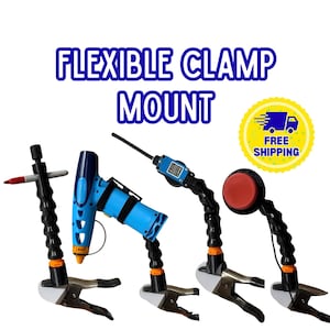 May include: Four flexible clamp mounts with black segmented arms and silver metal clamps. The devices hold a red pen, a blue crayon holder, a small rectangular electronic switch, and a large red circular button. Text reads FLEXIBLE CLAMP MOUNT.