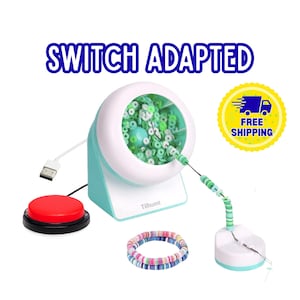 May include: A light blue and white electric bead spinner labeled Tilhumt with a red push-button switch, a USB cord, and a needle threading green and white clay beads. Two finished multi-colored clay bead bracelets are placed in the foreground.