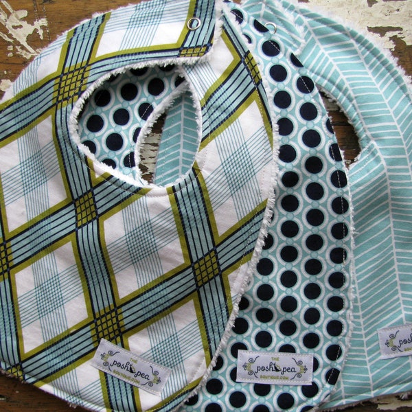 Boy Baby Bibs - Set of 3 - Chenille - Modern Meadow - Picnic Plaid, Acorn Chain & Aqua Herringbone - Navy Blue and Green