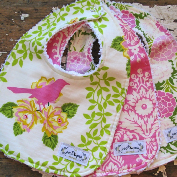 Baberos de bebé niña - Parasol para arriba en ruiseñor rosa, sorteo rosa y mamá Lulu - juego de 3 - color de rosa y verde