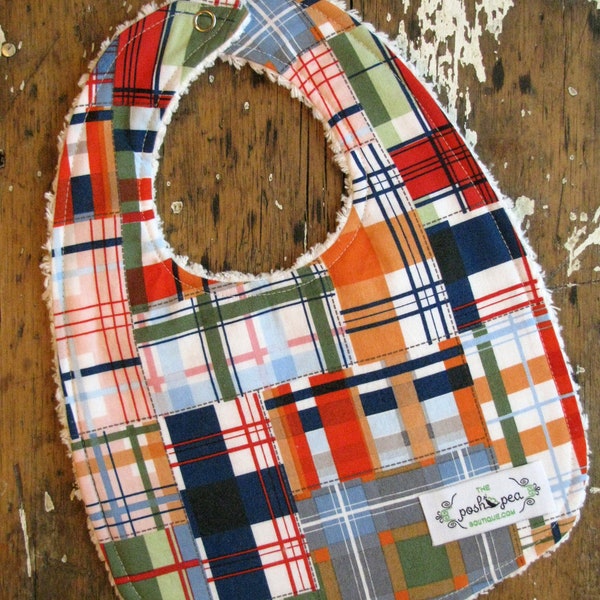 Boy Baby Bib - Chenille - Navy Blue Plaid Patchwork - Going Coastal by Michael Miller