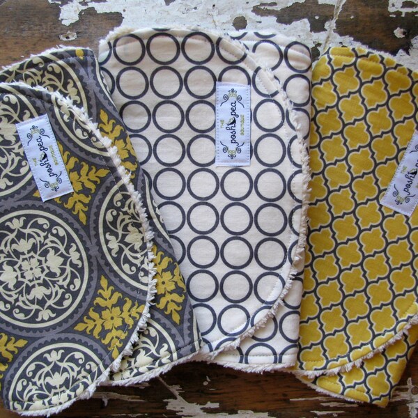 Gender Neutral Baby Burp Cloths - Set of 3 - Grey Scrollwork, Grey Circles and Gold Lattice