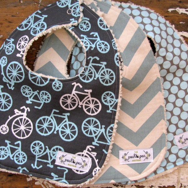 Baby Bibs for Baby Boy - Bikes on Grey, Vintage Blue Chevron, and Full Moon Slate - Set of 3 in Grey and Blue