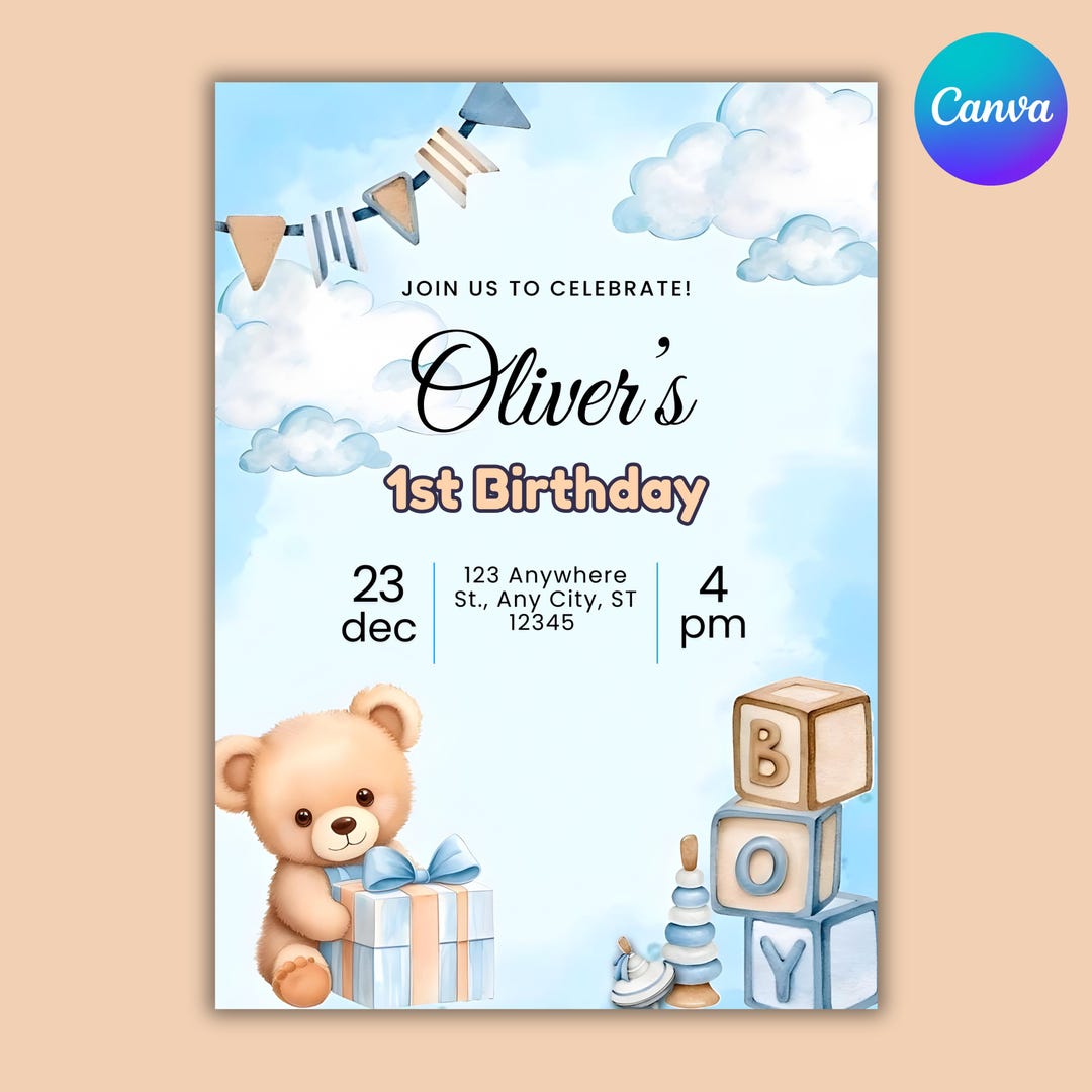 Teddy Bear First Birthday Invitation | Beary Boy Party | Editable Blue ...