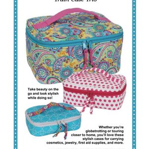 May include: A trio of rectangular train cases with zippered closures and top handles. The largest case features a colorful paisley pattern, the medium case has a white and pink polka dot design, and the smallest case has a blue geometric pattern.