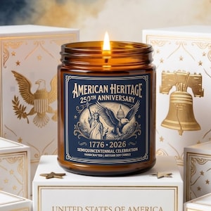 May include: A lit amber glass candle with the text "American Heritage 250th Anniversary" and a patriotic design. The candle is surrounded by white boxes with gold accents and star-shaped decorations. The text "United States of America 1776-2026" is also visible.