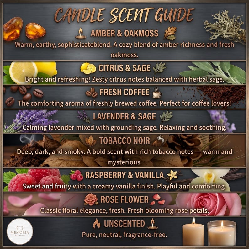 May include: A candle scent guide with various fragrance descriptions. Scents include Amber & Oakmoss, Citrus & Sage, Fresh Coffee, Lavender & Sage, Tobacco Noir, Raspberry & Vanilla, Rose Flower, and Unscented. The guide features images of ingredients and two lit candles.