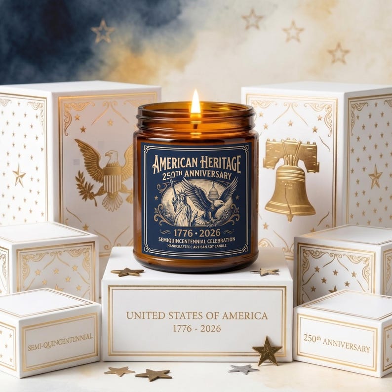 May include: A lit amber glass candle with the text "American Heritage 250th Anniversary" and a patriotic design. The candle is surrounded by white boxes with gold accents and star-shaped decorations. The text "United States of America 1776-2026" is also visible.