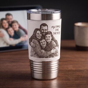 Custom Leather Tumbler with Photo, Personalized Fathers Day Gift for Dad, Engraved Stainless Steel Travel Mug, Custom Family Photo Gift
