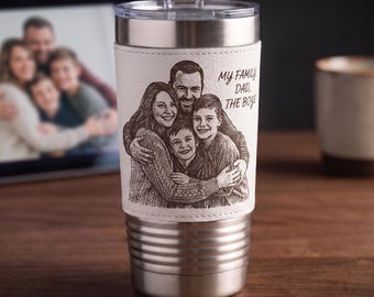 Custom Leather Tumbler with Photo, Personalized Fathers Day Gift for Dad, Engraved Stainless Steel Travel Mug, Custom Family Photo Gift