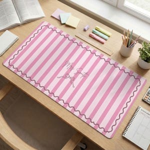 Custom Teacher Name Scalloped Gingham Desk Mat, Pastel Checkered Keyboard Cover, Wavy Edge Preppy Workspace Decor, Back To School Gift