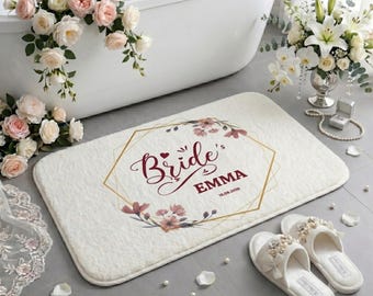 Personalized Bride Bath Mat, Custom Wedding Gift for Bride, Bridal Shower Gift, Future Mrs Bathroom Rug, Floral Newlywed Decor