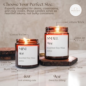 May include: Two lit scented soy wax candles in glass jars. The smaller candle is labeled "MINI 4oz" with a 20-hour burn time, and the larger is "SMALL 9oz" with a 50-hour burn time. The jars are 2.4" x 2.7" and 2.7" x 3.5" respectively.