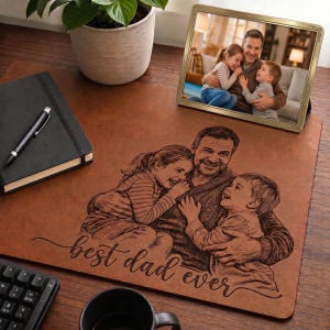 May include: A brown desk mat with a laser-etched image of a father and two children, with the words "best dad ever" in cursive. A framed photo and a black notebook with a pen are also on the desk.