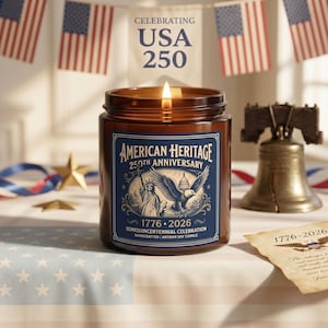 May include: A lit brown glass jar candle with a blue label that reads "American Heritage 250th Anniversary" with an eagle and the dates 1776-2026. The candle is on a table with a flag and patriotic decorations.