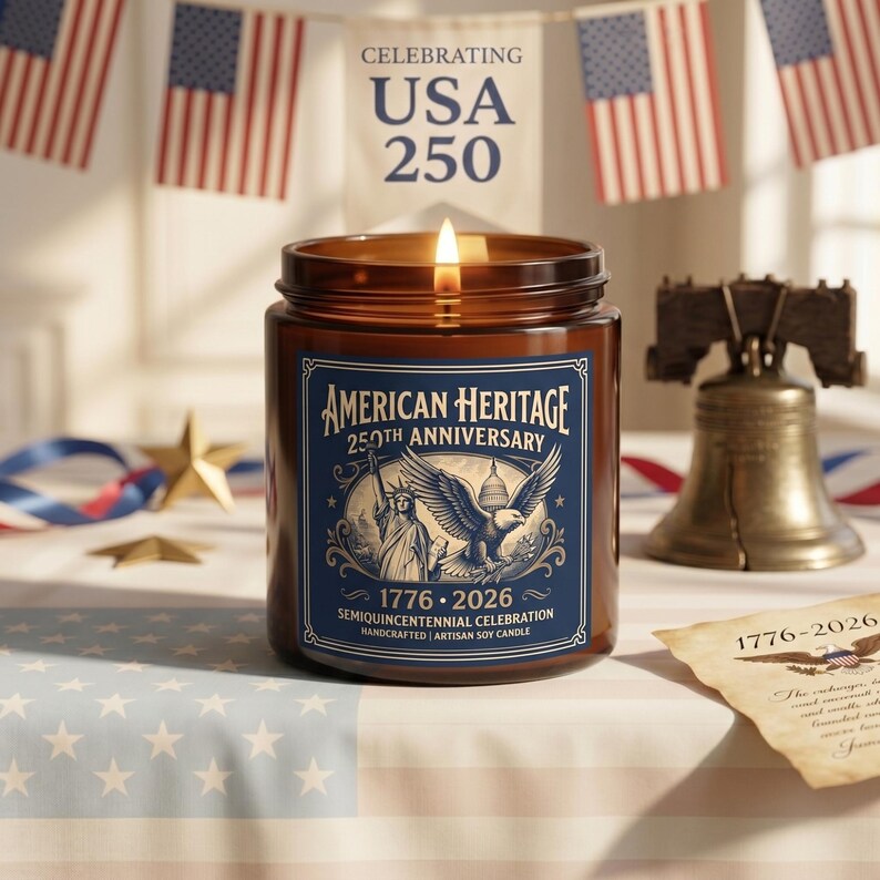 May include: A lit brown glass jar candle with a blue label that reads "American Heritage 250th Anniversary" with an eagle and the dates 1776-2026. The candle is on a table with a flag and patriotic decorations.