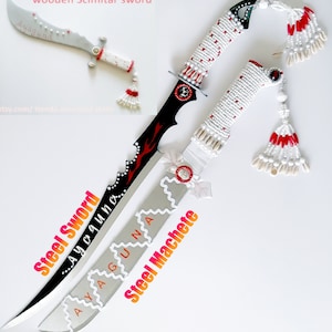 May include: An image of two decorative steel swords and a steel machete. The swords have black blades with red flame designs and white beaded handles. The machete has a silver blade with a white zigzag design. The text "Steel Sword", "Ayoquna", and "Steel Machete" is visible.