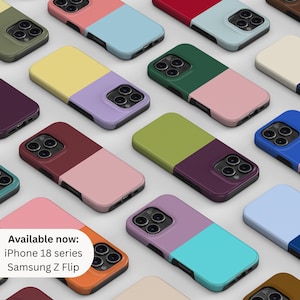 May include: A collection of smartphone cases arranged in a grid, each featuring a two-tone color block design. The cases have cutouts for camera lenses and are available for iPhone 18 series and Samsung Z Flip as stated in the visible text.