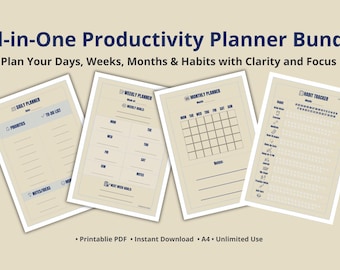 Pacchetto di pianificatori di produttività tutto in uno / Pianificatore giornaliero, settimanale e mensile + monitoraggio delle abitudini / PDF stampabile minimo