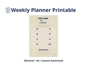 May include: A printable weekly planner with a beige background and dark blue text. The planner includes sections for weekly goals and daily scheduling from Monday to Sunday. The text "Weekly Planner Printable" is at the top.
