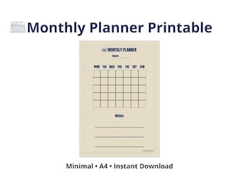 May include: A printable monthly planner with a beige background and a grid calendar layout. The days of the week are listed across the top in navy blue. The text "Monthly Planner Printable" is at the top.