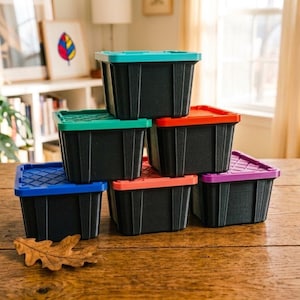 以下が含まれることがあります： 青、ティール、赤、オレンジ、紫のカラフルな蓋が付いた6つの黒いプラスチック製収納ボックスの積み重ね。各ボックスには、グリッドパターンのテクスチャ付きの蓋と、垂直にリブが入った側面があります。コンテナはピラミッド状に配置されています。