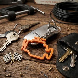 Puede incluir: Un llavero de plástico naranja con forma de luz de avería del motor unido a un mando de coche Audi plateado, junto a una llave Porsche, un pin de bandera a cuadros, un estuche de cuero negro, una abrazadera y cable negro sobre madera.