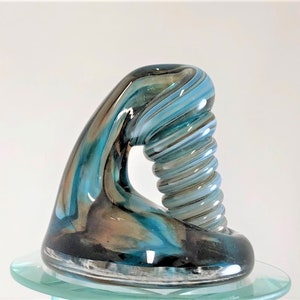 Aqua Blue and Brown Glass Desk Pen Holder & Paperweight