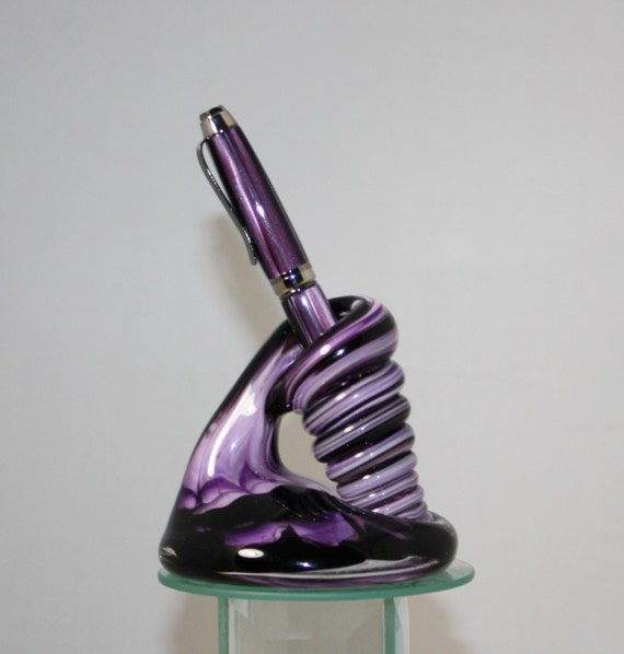 Large Black And Purple Glass Desk Pen Holder And Pen Etsy