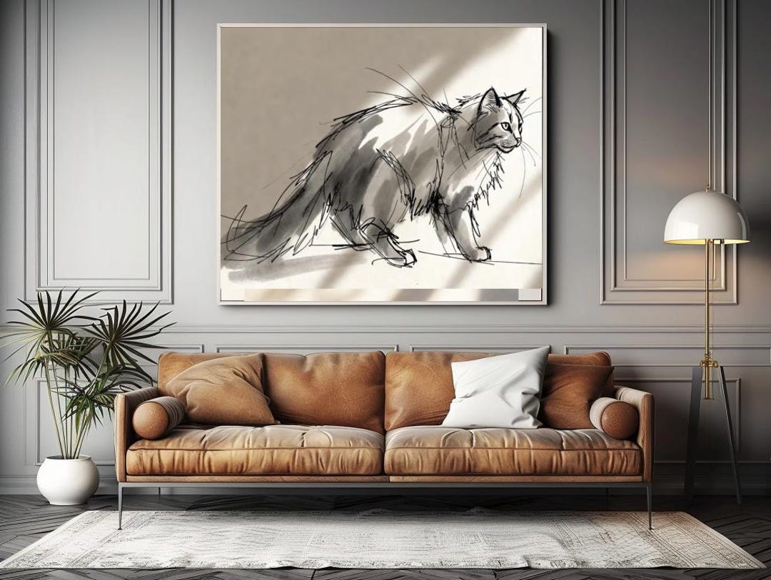 Set of 3 Minimalist Cat Line Art Print, Scribble Black Cat Wall Art ...