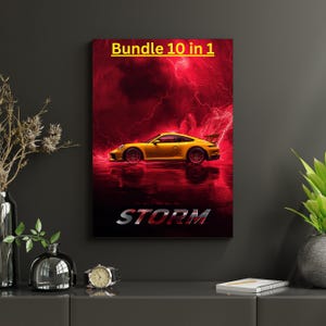 May include: A framed print featuring a yellow sports car set against a dramatic red background with lightning. The text "Bundle 10 in 1" is at the top, and "STORM" is at the bottom. The car is reflected in the water.