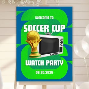 サッカーカップ観戦パーティー用バナー、スポーツフットボールパーティー歓迎サイン、編集・印刷可能なCanvaテンプレート（デジタルダウンロード）