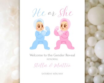 Gender Reveal Welcome Sign, Editable He or She Baby Shower Banner, Pink and Blue Gender Announcement Poster, Digital Canva Template