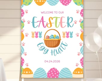 Easter Egg Hunt Welcome Sign, Easter Bunny Party Poster, Editable Canva Template (Digital & Printable)