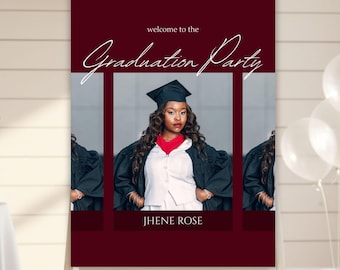 Graduation Welcome Sign, Editable Burgundy Grad Party Poster, Photo Announcement Class of 2026 Banner, Digital & Printable Canva Template