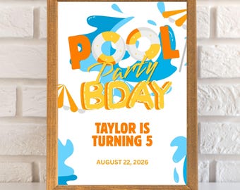 Editable Pool Party Birthday Welcome Sign, Swim Party Kids Poster, Digital & Printable Canva Template