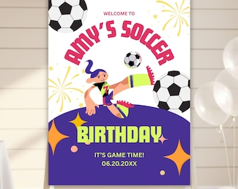 Girl Soccer Birthday Welcome Sign, Editable Girls Football Party Poster, Any Age Sports Theme Banner, Digital & Printable Canva Template