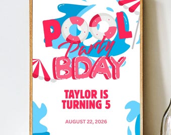 Editable Pool Party Birthday Welcome Sign, Swimming Party Kids Banner, Digital & Printable Canva Template