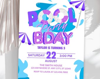 Pool Party Birthday Invitation, Editable Swim Party Summer Kids Invite, Canva Template (Digital & Printable)