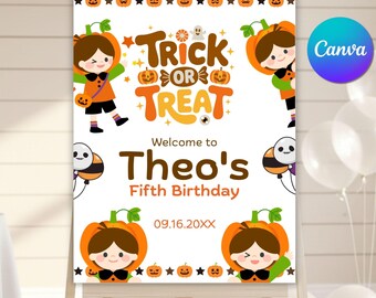 Halloween Birthday Welcome Sign, Editable Kids Costume Party Poster, Trick or Treat Spooky Banner, Digital Canva Template, Instant Download