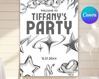 Y2K Retro Birthday Party Welcome Sign, Editable 90's Theme 2000s Silver Poster, Any Age Banner Digital Canva Template, Instant Download