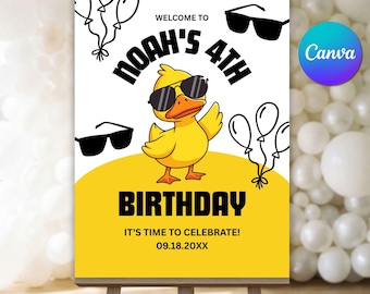 Duck Birthday Party Welcome Sign, Editable Kids Yellow Poster, Lucky Duck Banner, Digital & Printable Canva Template, Instant Download