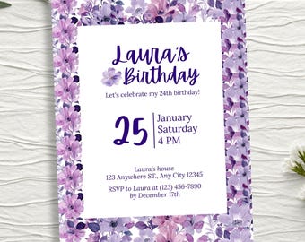 Purple Floral Birthday Invitation, Editable Women Flower Party Invite, Elegant Printable & Digital Canva Template