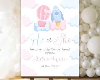 He or She Gender Reveal Welcome Sign, Editable Baby Shower Banner, Pink & Blue Gender Announcement Poster, Canva Template, Instant Download