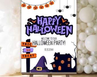 Happy Halloween Welcome Sign, Editable Trick or Treat Party Poster, Digital & Printable Canva Template, Instant Download