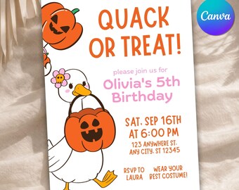 Halloween Quack or Treat Birthday Invitation, Editable Kids Costume Party Invite, Spooky Duck Card, Digital Canva Template, Instant Download