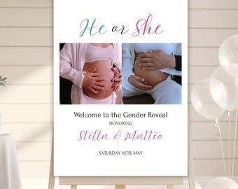 He or She Gender Reveal Photo Sign, Editable Baby Shower Party Banner, Gender Announcement Poster, Digital Canva Template, Instant Download