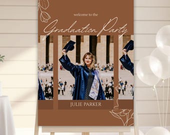 Graduation Welcome Sign, Editable Brown Grad Party Poster, Photo Announcement Class of 2026 Banner, Digital & Printable Canva Template