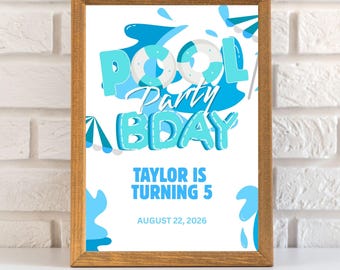 Pool Party Birthday Welcome Sign, Editable Kids Swimming Party Summer Poster, Digital & Printable Canva Template, Instant Download